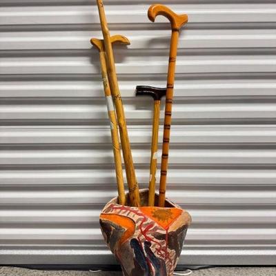 Colorful Handmade Clay Pottery Vase w/ Walking Sticks Canes	