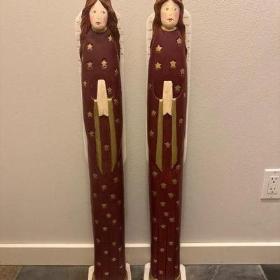 37" Hand-Carved Wooden Angel Pair w/ Star Detailing	