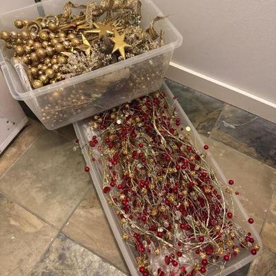 Two Loaded Bins Of Gorgeous & Sparkling Red & Gold Christmas Decor	