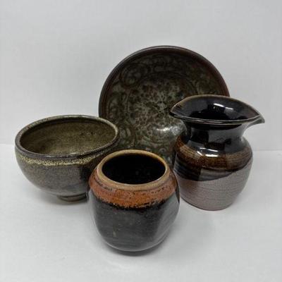 Colorful Studio Pottery Quartet: Textured Bowl, Vases & Glazed Pitcher	