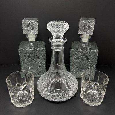 Vintage Pressed Crystal & Diamond Cut Decanters w/ Crown Royal Glasses	