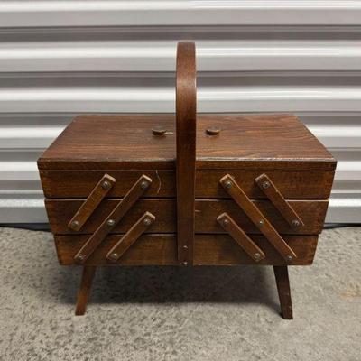 Wooden Folding 3 Tier Sewing Box w/ Vintage Buttons & Sewing Notions	