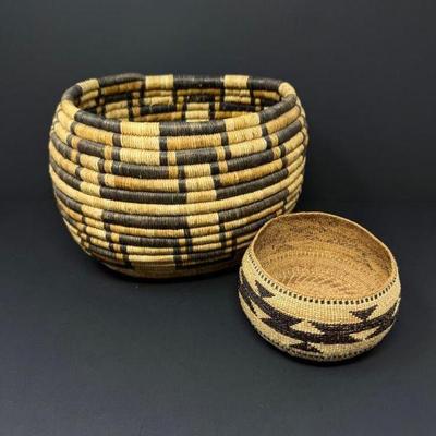 2 Native American Style Baskets, Coiled Weave & Geometric Patterns	