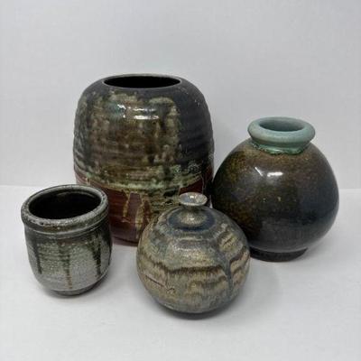 Studio Pottery Vase Quartet w/ Textured Surfaces & Earthy Tones	