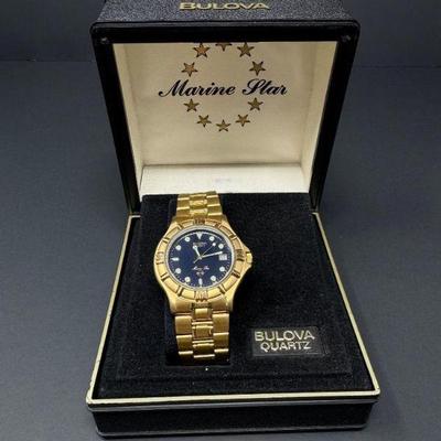 Bulova Marine Star Gold-Tone Quartz Watch w/ Blue Dial	