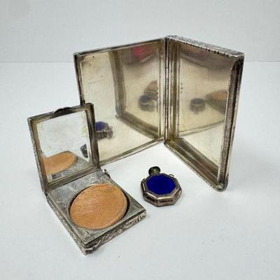 Antique 800 European Silver Trio - Cigarette Case, Perfume Bottle +	