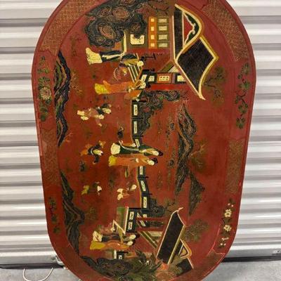 Antique Japanese Table Top w/ Vibrant Hand-Painted Scene & Glass	