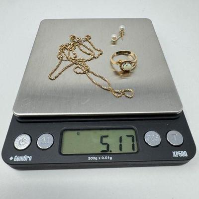 14K Gold Jewelry:Art Deco-Inspired Opal Ring, Pearl Studs, & 18" Chain	