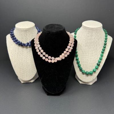 Natural Stone Bead Necklaces in Rose Quartz, Malachite, & Lapis Lazuli	