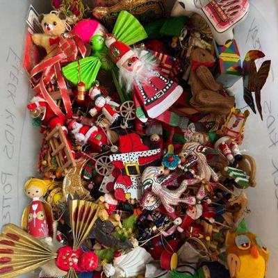 Bin Full of Eclectic Christmas Ornaments - Mostly Wooden	