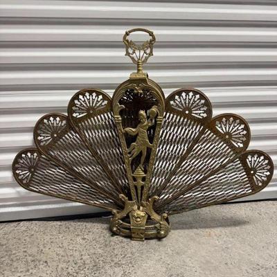 Large Brass Folding Fan Fireplace Screen Figural Peacock Style	