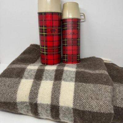 Vintage Wool Throw Blanket + 2 Vintage Plaid Thermos	