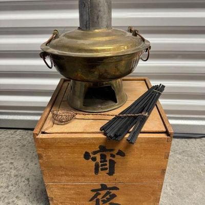 Vintage Japanese Hot Pot Set w/ Wood Crate, Strainer, & Chopsticks	