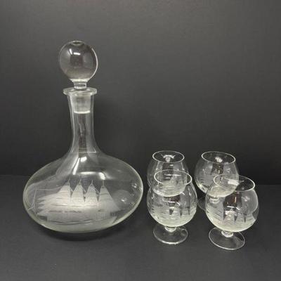 Vintage Clipper Ship Etched Glass Decanter + 5 Matching Cognac Glasses	