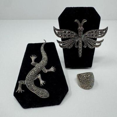 Vintage Sterling Marcasite Collection: Dragonfly & Lizard Pin + Ring	