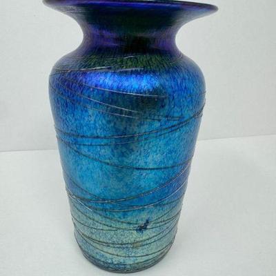 Saul Alcaraz Blue Iridescent Art Glass Vase	