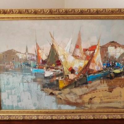 Contemporary Oil on Canvas Impressionistic Fishing Harbor Scene