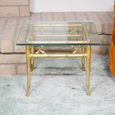 Glass Top Side Table w/Gold-Tone Metal Bamboo Frame