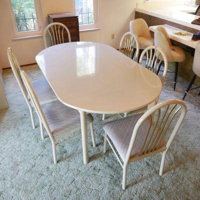 Extendable White Lacquer Oval Dining Table & 6 Chairs