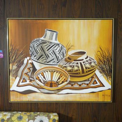 Large Native American Pottery Still Life Oil on Canvas Painting by McPherson