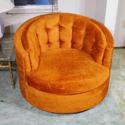 Orange Crushed Velvet Swivel Barrel Chair