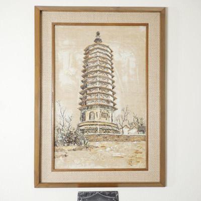 Mixed Media Butterfly Wings & Leaves Pagoda on Fabric Framed Wall Art