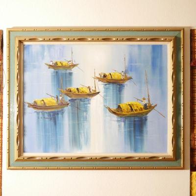 Chinese Fishing Boats Oil on Canvas Painting by C.H. Huang