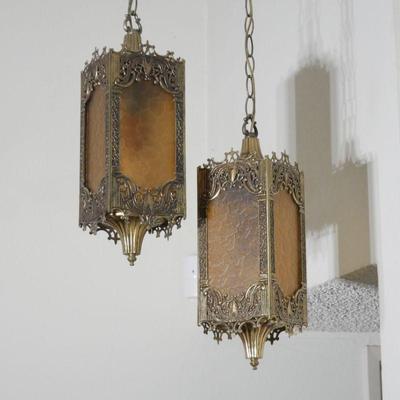Pair of Ornate Art Nouveau Hanging Swag Lamps