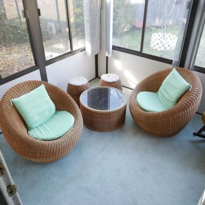 Rattan Lounge Chairs, Stools & Side Table by Isamu Kenmochi for Yamakawa Rattan