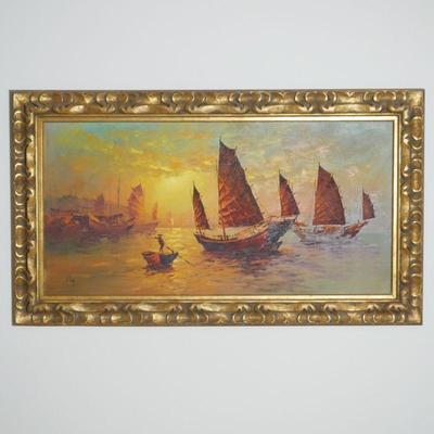 Chinese Junk Boats Oil on Canvas Painting by S.T. Young
