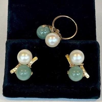 14K Gold with Pearl and Jade or Jadeite. 