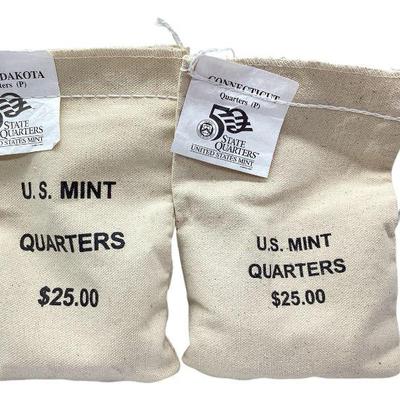 TN28 Two US Mint $25 Quarter Bags Sealed	Include Connecticut P & South Dakota P 
