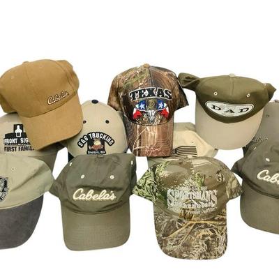 TEWA824 Lots Of Baseball Hats	Assortment of eleven baseball caps. Very clean. Includes several cabela hats.
