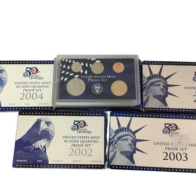 TN14 2000-2004 Mint Proof Sets	Includes full mint proof set for 2000, 2001, and 2004; only 50 state coin proof set for 2002 and 2004. All...