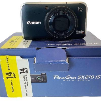 TEWA804 Canon PowerShot Camera	Poweshot SX210 IS camera with charger, battery, and cord. Does not include memory card.
