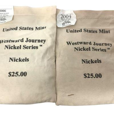TN46 Two Mint Sealed $25 Nickel Bags	Westward journey nickels in US mint bags. One bag of 2004 Peace Medal Design, one bag of 2006 Return...