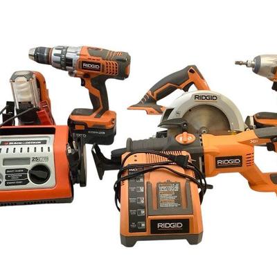 TEWA814 Ridged Re-Chargeable Power Tools	Two power drills, circular saw, skill saw, work light, two batteries and charger, as well as...