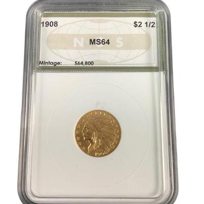 TN123 MSG MS64 1908 $2 1/2 Indian Head Gold Coin	
