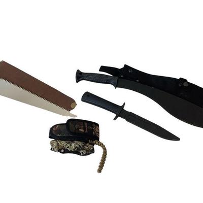 TEWA802 Camping Blades	Machete, camping saw, pocket knife, and trainging knife. Mostly of unclear branding, training knife is Col steel...