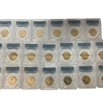 TN45 PCGS Graded Presidential Dollars	Assortment of PCGS graded presidential and Sacagawea coins. Includes PCGS storage box.
