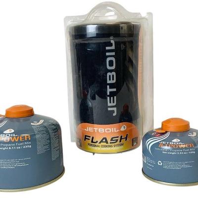 TEWA803 Jetboil Camp Stove And Fuel	Stove in packaging, though it has been opened before. Includes 230 gram and 100 gram propane tanks.
