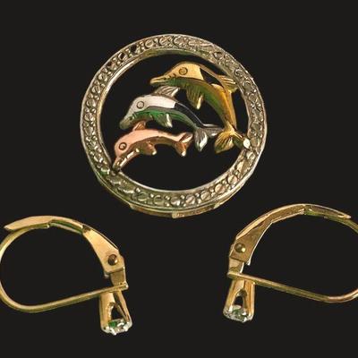 TEWA213 10k Tri-Tone Dolphin Pendant & Diamond Leverback Earrings	Both the pendant and earrings are stamped 10k. 

