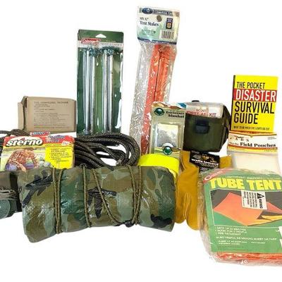 TEWA809 Vintage Camping And Emergency Equipment	Includes emergency tent, blanket, and survival guide; folding camp stove and fuel; spare...