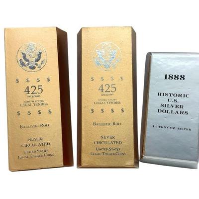 TN43 1888 Historic Dollars & Uncirculated Ballistic Coin Rolls	Two 1888 silver dollars in case, & two rolls UNC presidential...