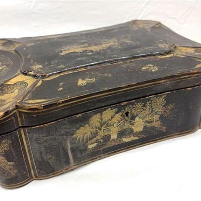 FRENCH CHINOISERIE BLACK LACQUERED AND GILDED BOX. AS IS