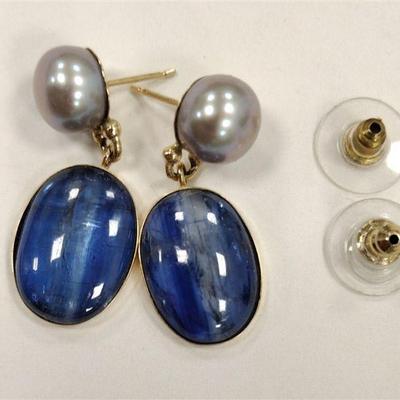 PAIR OF 14K PEARL AND KYANITE QUARTZ EARRINGS