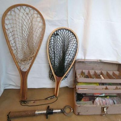 Vintage Net Neil V Sanvidge Hand Made Fishing Net, Steel Union Tackle Box, Cabela's Mouth Clamp