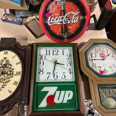 Multipls advertising clocks including Miller, 7up, Pepsi, Coca Cola, Budwesier and more! 