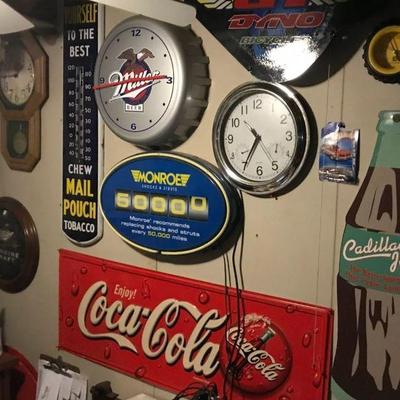 Assorted Vintage Wall Clocks, Wall Thermometers and Advertising Pieces - Coca Cola, Cadillac Jack Cola, Miller Beer and more!
