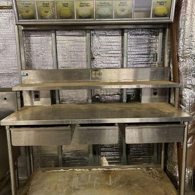 Restaurant Equipment - Krispy Kreme Restaurant Equipment - Stainless Steel Prep Table w/ power outlets, drawers and menu board.